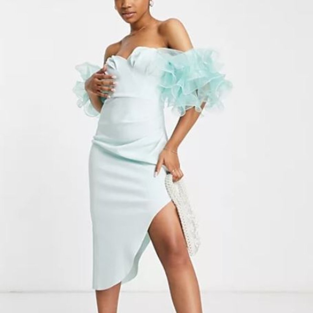ASOS DESIGN ruche bust puff sleeve bardot midi dress in light blue NWT US 6